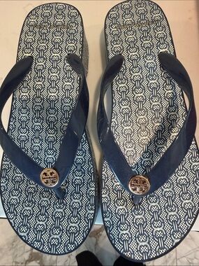 Tory Burch Navy and White Logo Jelly Flip Flops